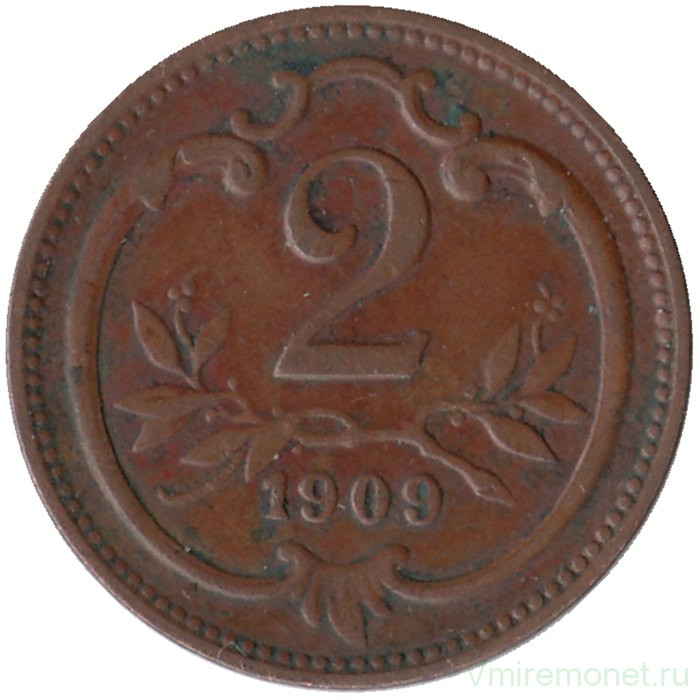 Монета. Австро-Венгерская империя. 2 геллера 1909 год. Австрийский тип.