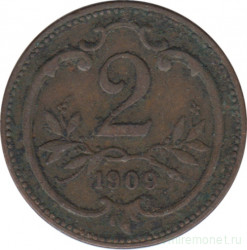 Монета. Австро-Венгерская империя. 2 геллера 1909 год.
