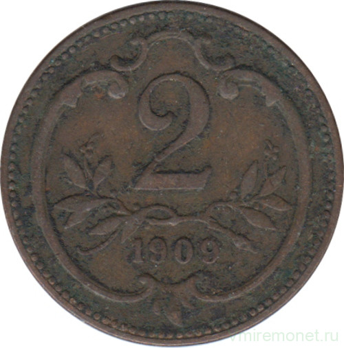 Монета. Австро-Венгерская империя. 2 геллера 1909 год.
