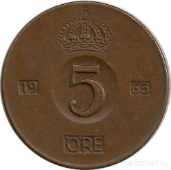 Монета. Швеция. 5 эре 1963 год.