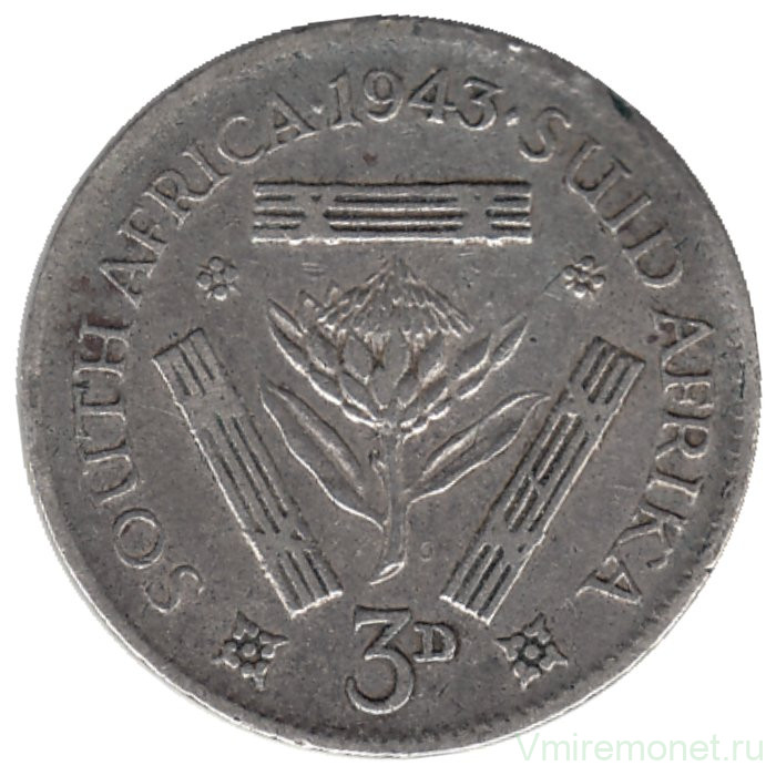 Монета. Южно-Африканская республика (ЮАР). 3 пенса 1943 год.