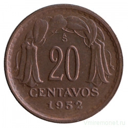 Монета. Чили. 20 сентаво 1952 год.