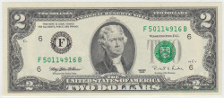 Банкнота. США. 2 доллара 1995 год. Серия F.