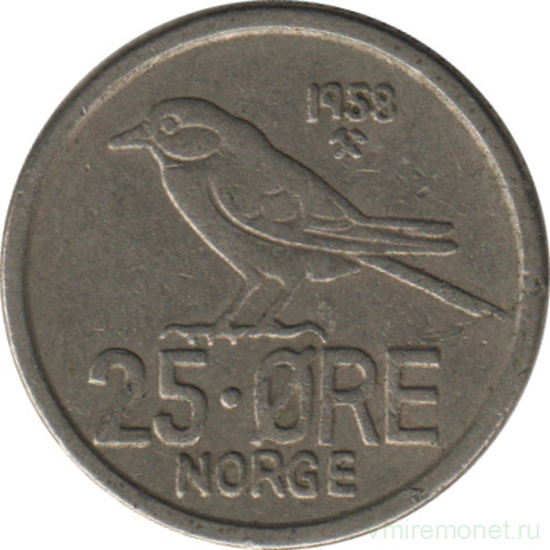 Монета. Норвегия. 25 эре 1958 год.