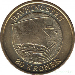 Монета. Дания. 20 крон 2008 год. Корабли - Драккар , морской конь из Глендау.