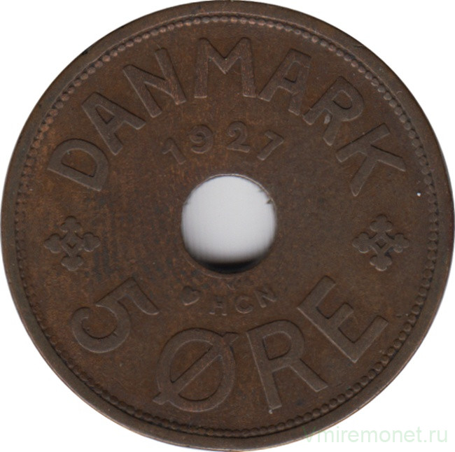 Монета. Дания. 5 эре 1927 год (HCN).