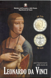 Монета. Италия. 1 и 2 евро 2019 год. 500 лет со дня смерти Леонардо да Винчи. (Буклет, коинкарта).