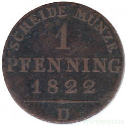 Монета. Германия. Пруссия. 1 пфенниг 1822 год. D.