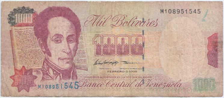 Банкнота. Венесуэла. 1000 боливаров 1998 год. Тип 76c.