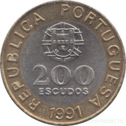 Монета. Португалия. 200 эскудо 1991 год.