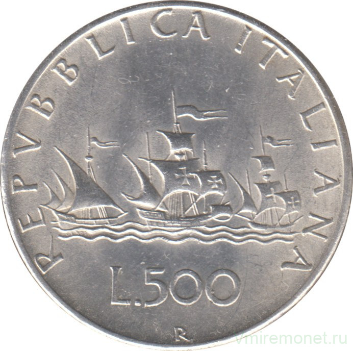 Монета. Италия. 500 лир 1981 год. Корабли Колумба.