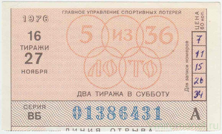 Лотерейный билет. СССР. Главное управление спортивных лотерей. Корешок от билета лотереи "Спортлото 5 из 36". 16 тираж 1976 г.