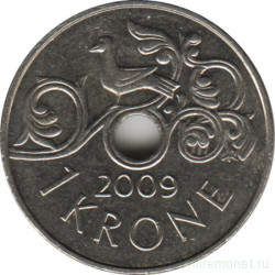 Монета. Норвегия. 1 крона 2009 год.