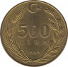  Монета. Турция. 500 лир 1989 год. ав.