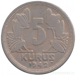 Монета. Турция. 5 курушей 1942 год.