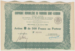 Акция. Франция. Париж. АО "Compagnie Immobiliere du Faubourg Saint-Germain". Акция на предъявителя в 500 франков 1931 год.