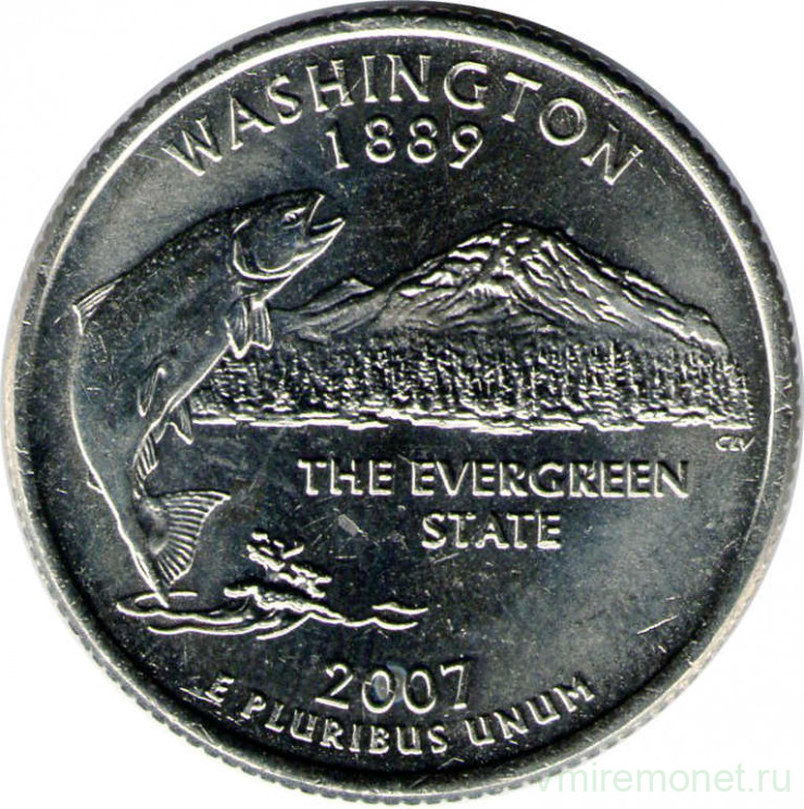 Монета. США. 25 центов 2007 год. Штат № 42 Вашингтон. Монетный двор D.