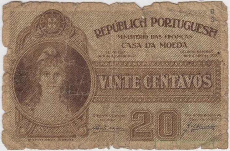 Банкнота. Португалия. 20 сентаво 1925 год. Тип 102.