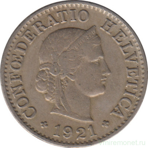 Монета. Швейцария. 5 раппенов 1921 год.