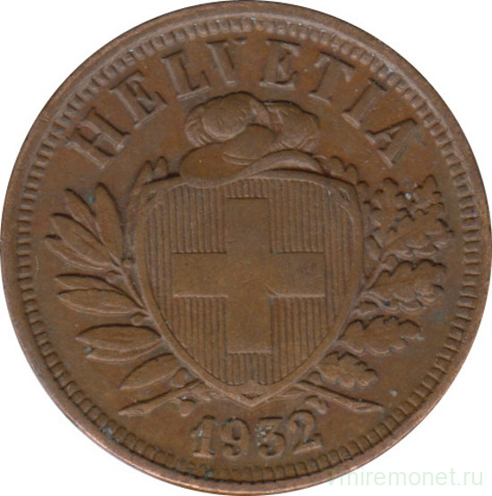 Монета. Швейцария. 2 раппена 1932 год.