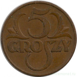 Монета. Польша. 5 грошей 1925 год.