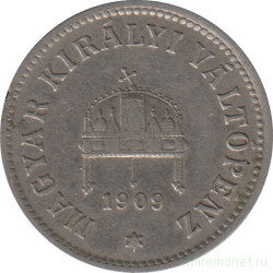 Монета. Венгрия. 10 филлеров 1909 год.