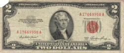 Банкнота. США. 2 доллара 1953 год. Красная печать. Без литеры. Тип 380.