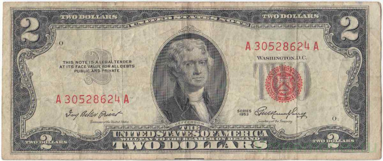 Банкнота. США. 2 доллара 1953 год. Красная печать. Без литеры. Тип 380.