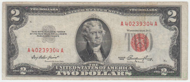 Банкнота. США. 2 доллара 1953 год. Красная печать. Без литеры. Тип 380.