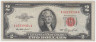 Банкнота. США. 2 доллара 1953 год. Красная печать. Без литеры. Тип 380.