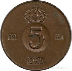 Монета. Швеция. 5 эре 1964 год.