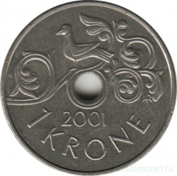 Монета. Норвегия. 1 крона 2001 год. Без звезды.