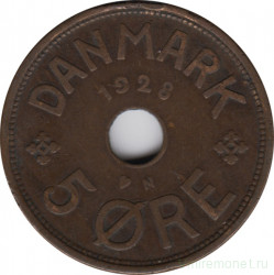 Монета. Дания. 5 эре 1928 год.