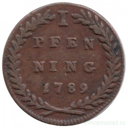 Монета. Австрийская империя. Зальцбург. 1 пфенниг 1789 год.
