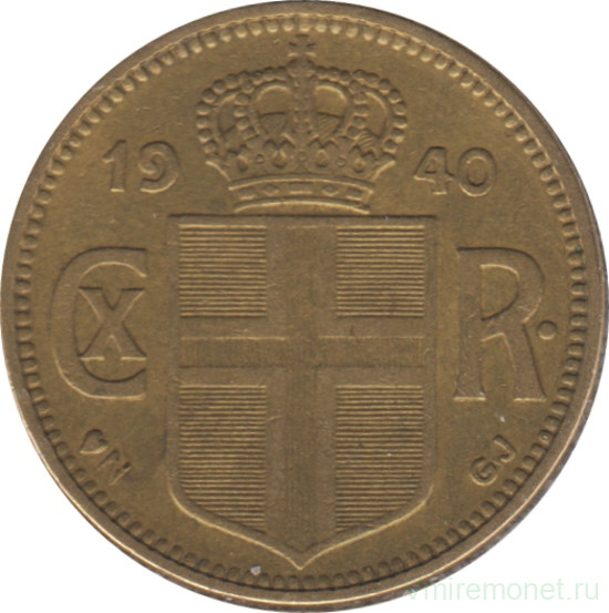 Монета. Исландия. 1 крона 1940 год.