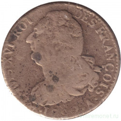 Монета. Франция. 2 соля 1792 год. Надпись "ROI DES FRANÇOIS". Отметка монетного двора "A" - Париж.