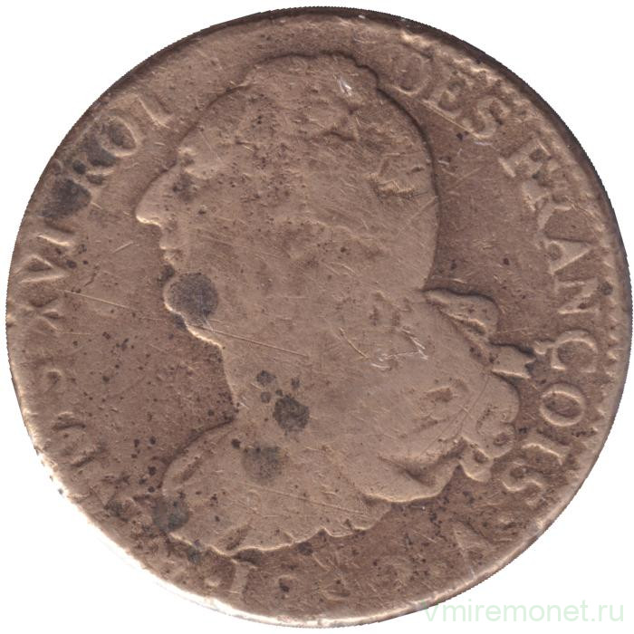 Монета. Франция. 2 соля 1792 год. Надпись "ROI DES FRANÇOIS". Отметка монетного двора "A" - Париж.