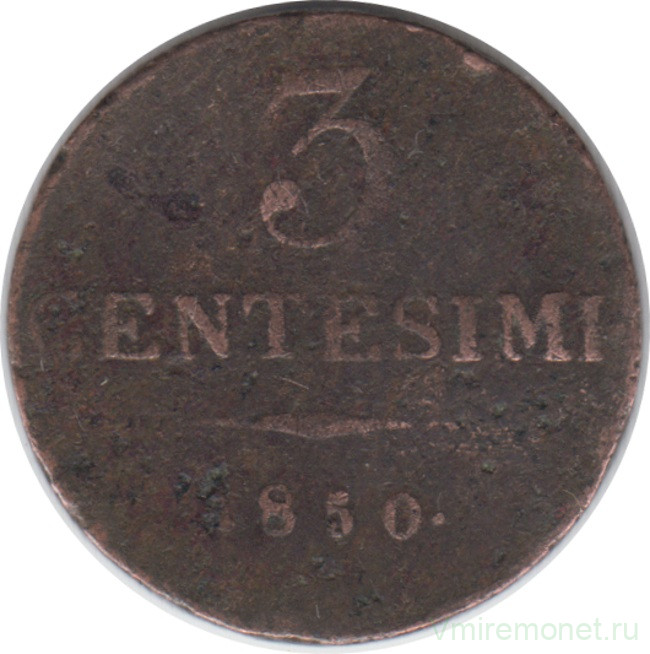 Монета. Ломбардия-Венеция. 3 чентезимо 1850 год. М.
