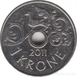 Монета. Норвегия. 1 крона 2011 год.