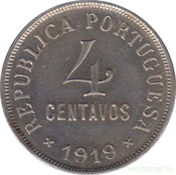 Монета. Португалия. 4 сентаво 1919 год.