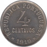 Монета. Португалия. 4 сентаво 1919 год. ав.