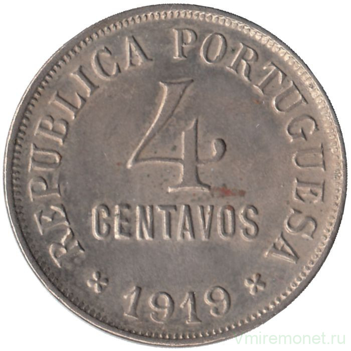Монета. Португалия. 4 сентаво 1919 год.