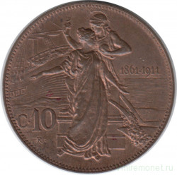Монета. Италия. 10 чентезимо 1911 год. 50 лет Королевству.