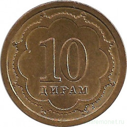 Монета. Таджикистан. 10 дирамов 2001 год.