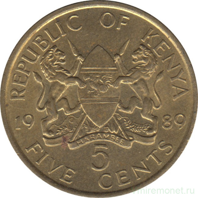 Монета. Кения. 5 центов 1989 год.