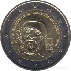 Монета. Франция. 2 евро 2012 год. 100 лет со дня рождения аббата Пьера.