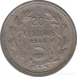 Монета. Чили. 20 сентаво 1940 год.