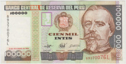 Банкнота. Перу. 100000 инти 1989 год. Тип 145.