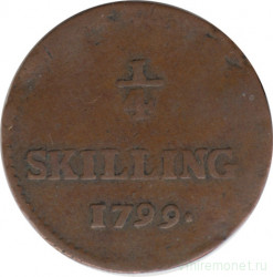 Монета. Швеция. 1/4 скиллинга 1799 год.