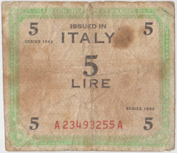 Банкнота. Италия. Оккупация союзников. 5 лир 1943 год. Тип М12b.